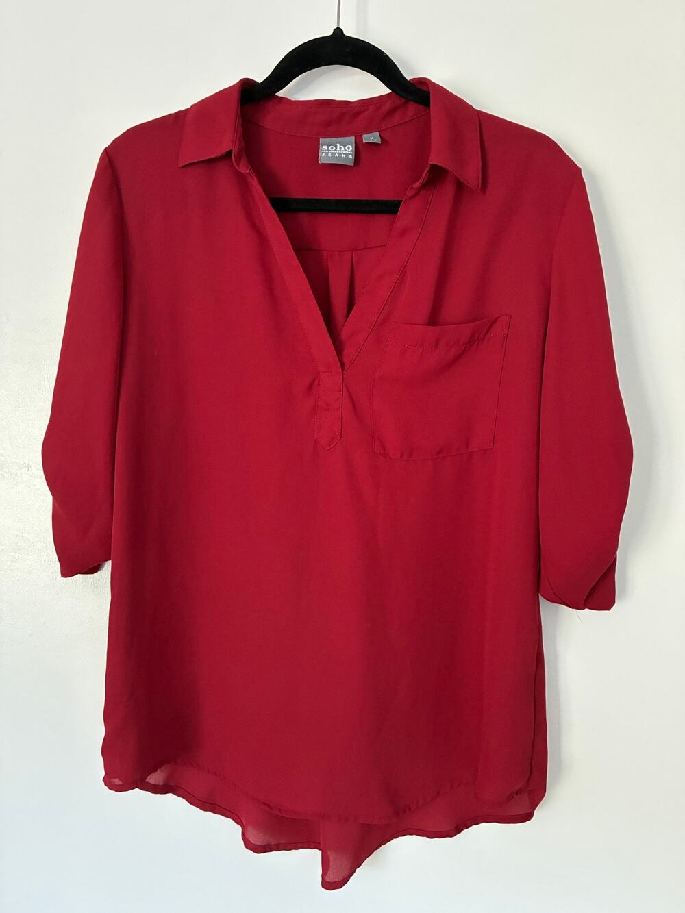 Soho New York Classic Red Sheer 3/4 Sleeves Blouse w/Collar Size M